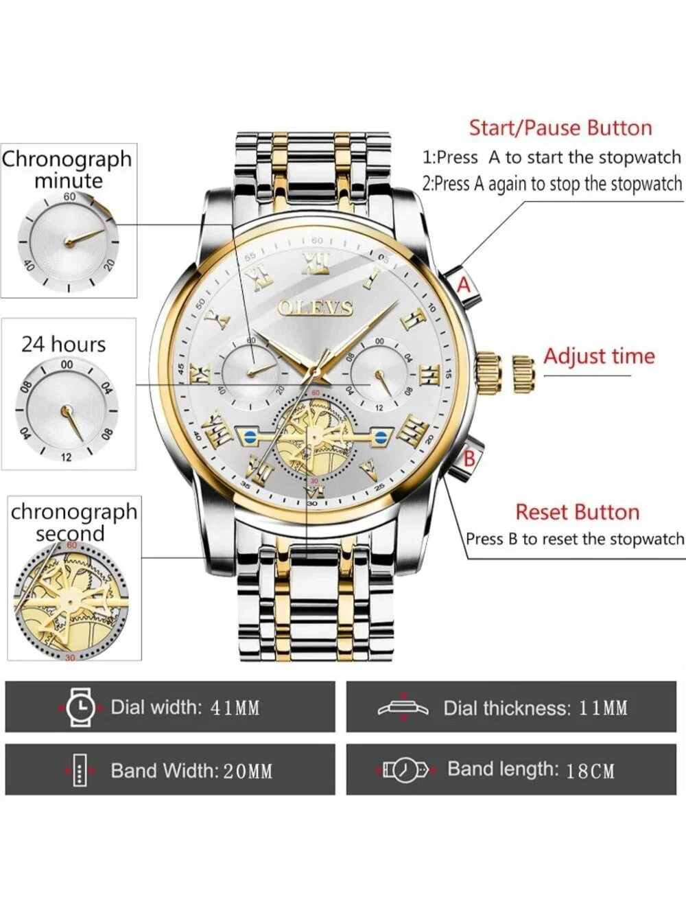 Olevs Men's Gold And White Multifunction Waterproof Luminous Chronograph Watch